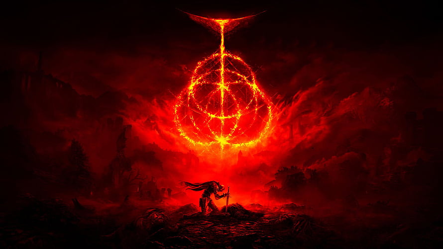 Elden Ring Dark Fantasy Scene with Glowing Red Sigil and Lone Warrior in Ashen Landscape HD wallpaper