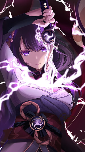 Raiden Shogun from Genshin Impact wielding a lightning-charged katana in a dramatic anime illustration HD phone wallpaper