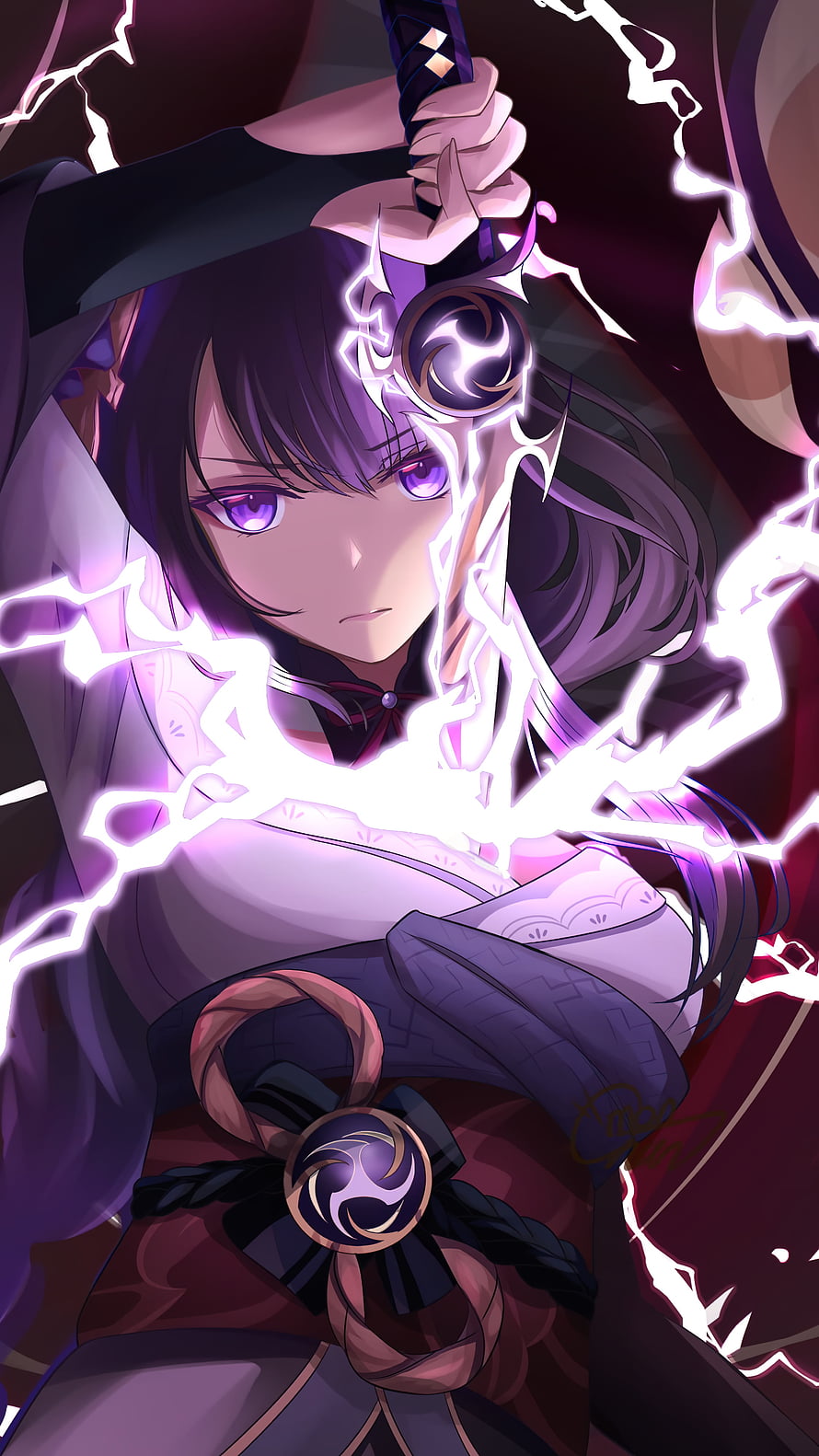 Raiden Shogun from Genshin Impact wielding a lightning-charged katana in a dramatic anime illustration HD phone wallpaper