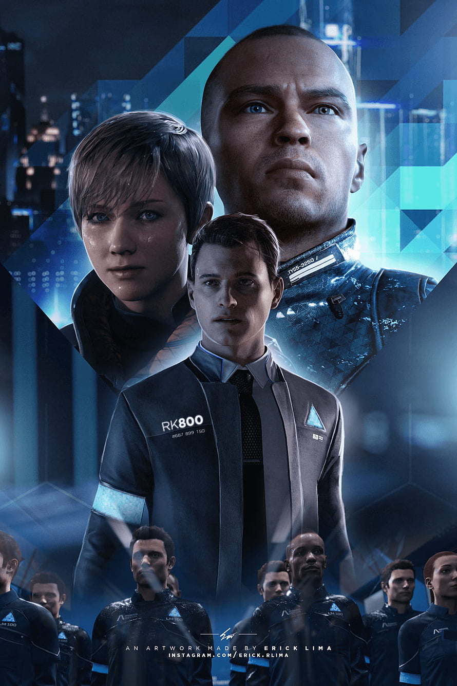 Detroit Become Human Character Lineup Artwork with Futuristic Blue Cityscape Background HD phone wallpaper