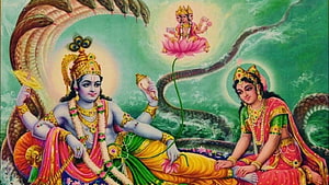 Lord Vishnu and Goddess Lakshmi Reclining on the Serpent Shesha in a Traditional Indian Painting HD wallpaper