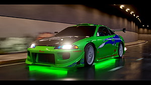 Green Mitsubishi Eclipse GSX Turbo in Fast and the Furious Night Tunnel Scene HD wallpaper