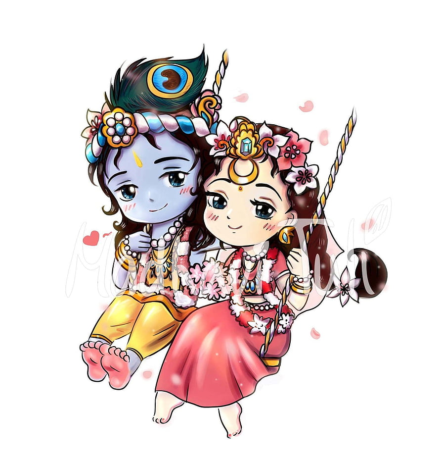 Cute Chibi Radha Krishna Illustration with Peacock Feather Crown and Floral Garlands HD phone wallpaper