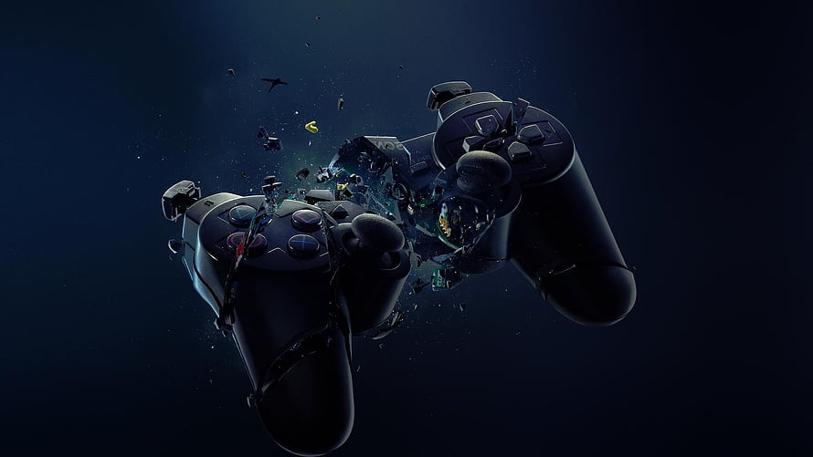 Shattered PlayStation Controller Exploding in Dark Space HD wallpaper