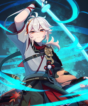 Kaedehara Kazuha from Genshin Impact wielding a glowing cyan sword in dynamic anime action pose HD phone wallpaper