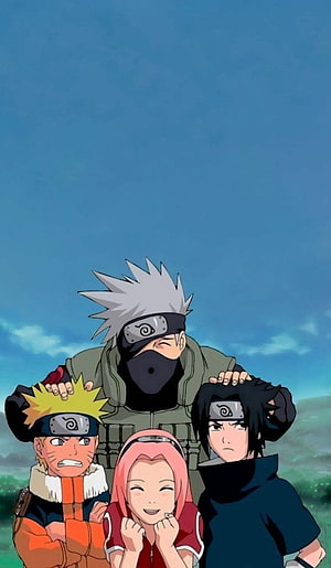 Naruto Team 7 with Kakashi Hatake Standing Together Under a Clear Blue Sky HD phone wallpaper