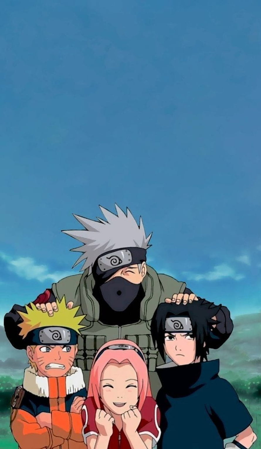 Naruto Team 7 with Kakashi Hatake Standing Together Under a Clear Blue Sky HD phone wallpaper