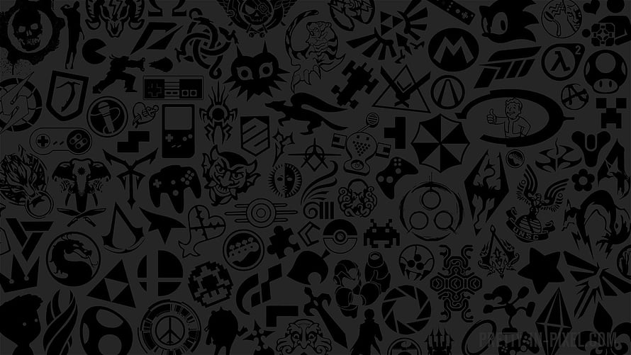 Dark Gaming Icon Pattern Featuring Retro Controllers and Franchise Logos HD wallpaper