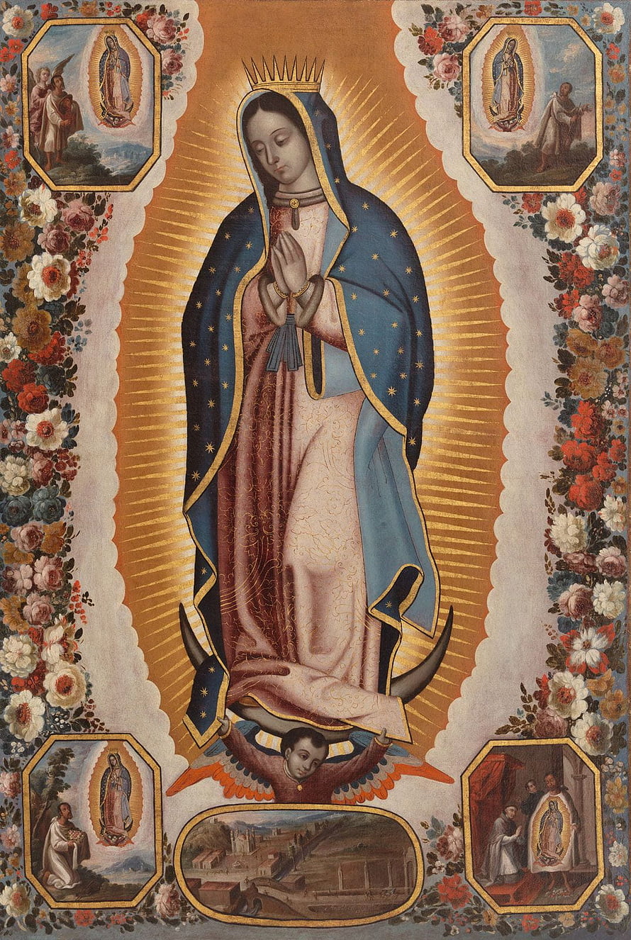Our Lady of Guadalupe Religious Painting with Floral Border and Angel HD phone wallpaper