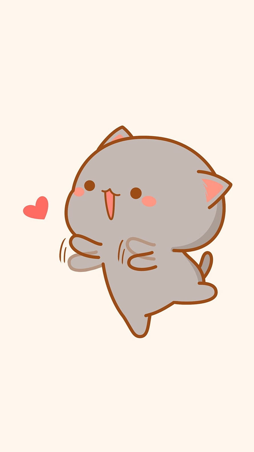 Adorable Kawaii Grey Cat Illustration with Blushing Cheeks and Floating Heart HD phone wallpaper