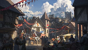 Medieval European Town Square with Castle and Market Festival HD wallpaper