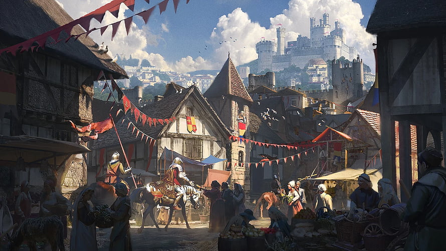 Medieval European Town Square with Castle and Market Festival HD wallpaper