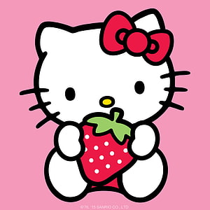 Hello Kitty Holding a Strawberry on a Pink Background HD phone wallpaper