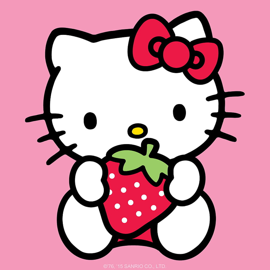 Hello Kitty Holding a Strawberry on a Pink Background HD phone wallpaper