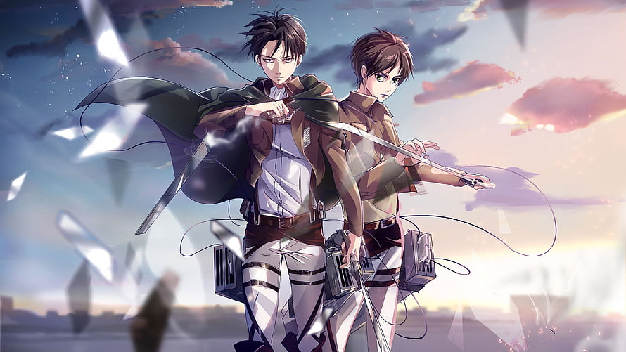 Attack on Titan Anime Artwork Featuring Levi and Eren in Survey Corps Gear HD wallpaper