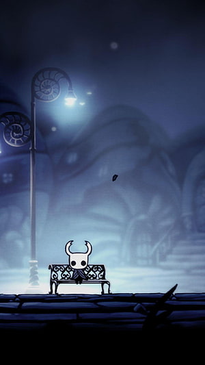Hollow Knight character sitting on a bench under a glowing street lamp in a misty blue cavern HD phone wallpaper