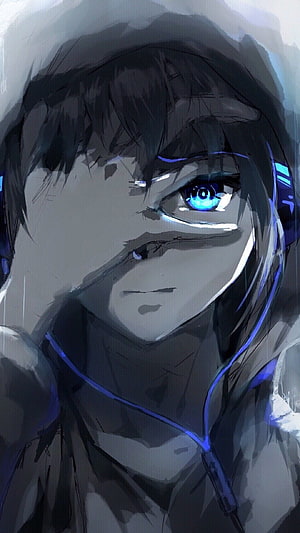 Anime Boy With Hoodie And Blue Eyes Wearing Headphones Digital Art Portrait HD phone wallpaper