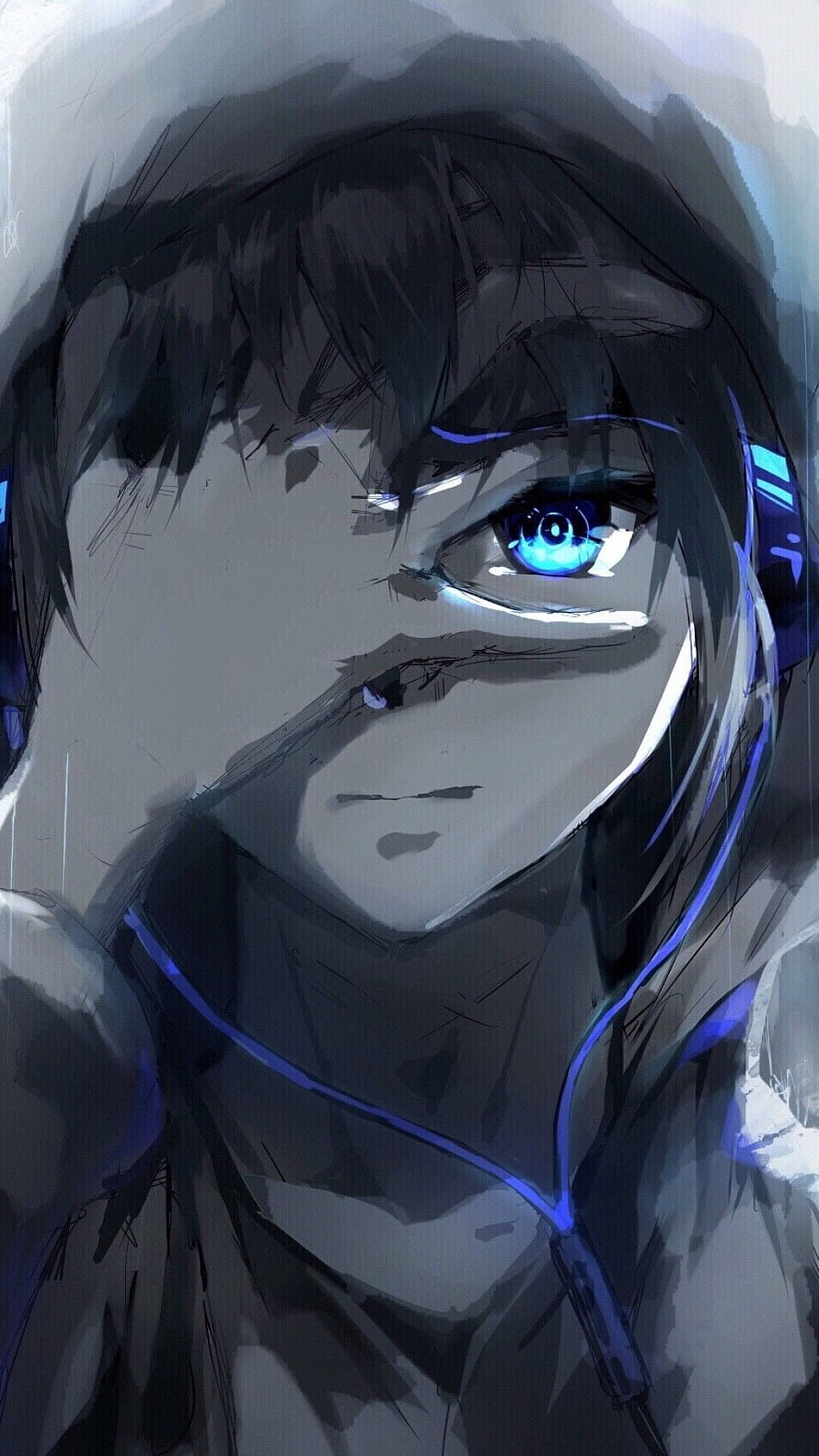 Anime Boy With Hoodie And Blue Eyes Wearing Headphones Digital Art Portrait HD phone wallpaper