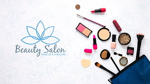 Beauty Salon Make Up and Haircare Logo with Cosmetics Flat Lay on Floral Background HD wallpaper