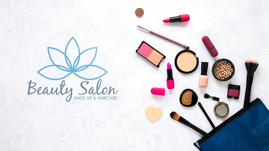 Beauty Salon Make Up and Haircare Logo with Cosmetics Flat Lay on Floral Background HD wallpaper