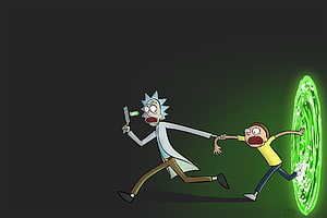 Rick and Morty Cartoon Characters Running Toward a Glowing Green Portal on a Dark Background HD wallpaper