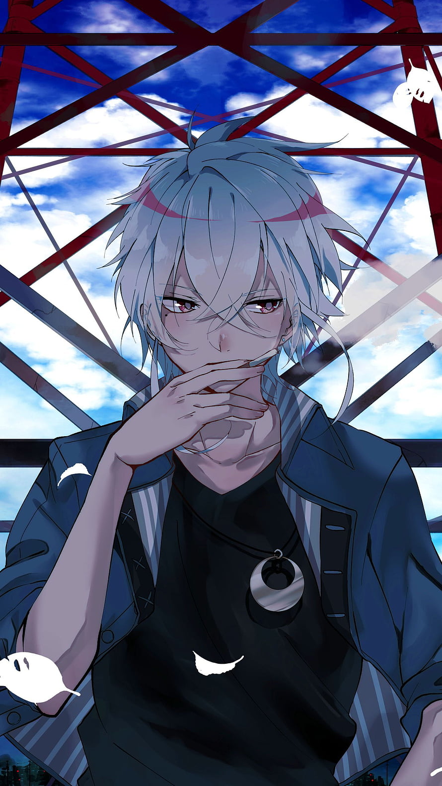 Silver-Haired Anime Boy Smoking Cigarette Under Red Metal Structure HD phone wallpaper