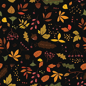 Scandinavian Autumn Leaf Pattern with Acorns and Berries on Black Background HD phone wallpaper