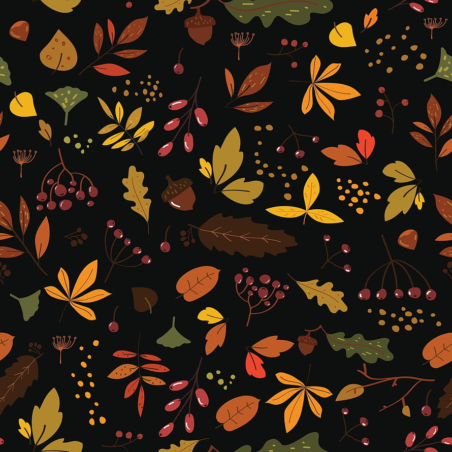 Scandinavian Autumn Leaf Pattern with Acorns and Berries on Black Background HD phone wallpaper