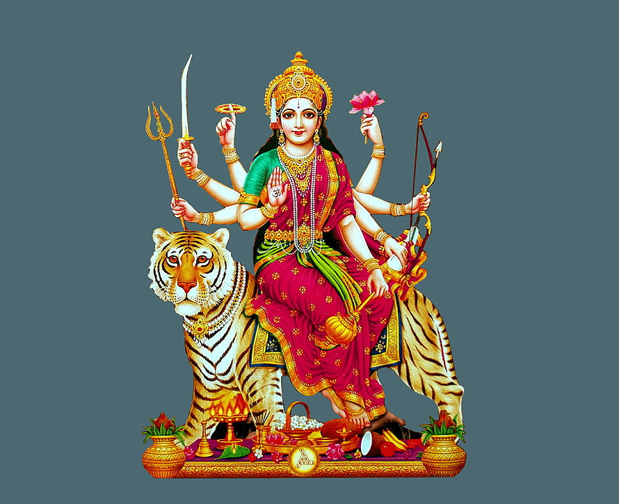 Maa Durga Riding Tiger Traditional Indian Goddess Illustration with Weapons and Offerings HD wallpaper