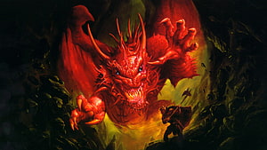 Dungeons and Dragons Red Dragon Confronting Warrior in Dark Cave Fantasy Illustration HD wallpaper