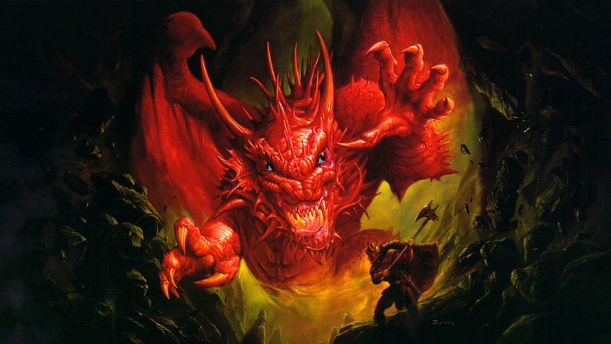 Dungeons and Dragons Red Dragon Confronting Warrior in Dark Cave Fantasy Illustration HD wallpaper
