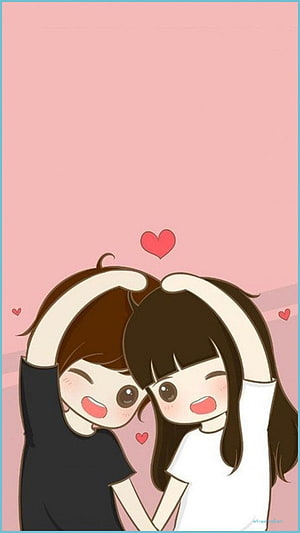 Cute Cartoon Couple Making Heart Shape With Arms On Pink Background HD phone wallpaper