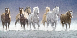 Seven Horses Galloping Through Snowy Landscape Realistic Oil Painting HD wallpaper