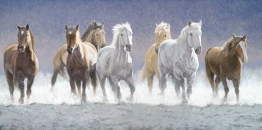 Seven Horses Galloping Through Snowy Landscape Realistic Oil Painting HD wallpaper