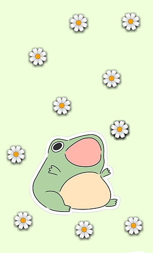 Cute Cartoon Frog with Open Mouth and Daisies on Pastel Green Background HD phone wallpaper