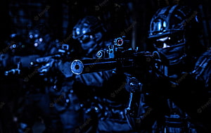 Tactical SWAT Team Members Aiming Firearms in Dark Blue Lighting HD wallpaper