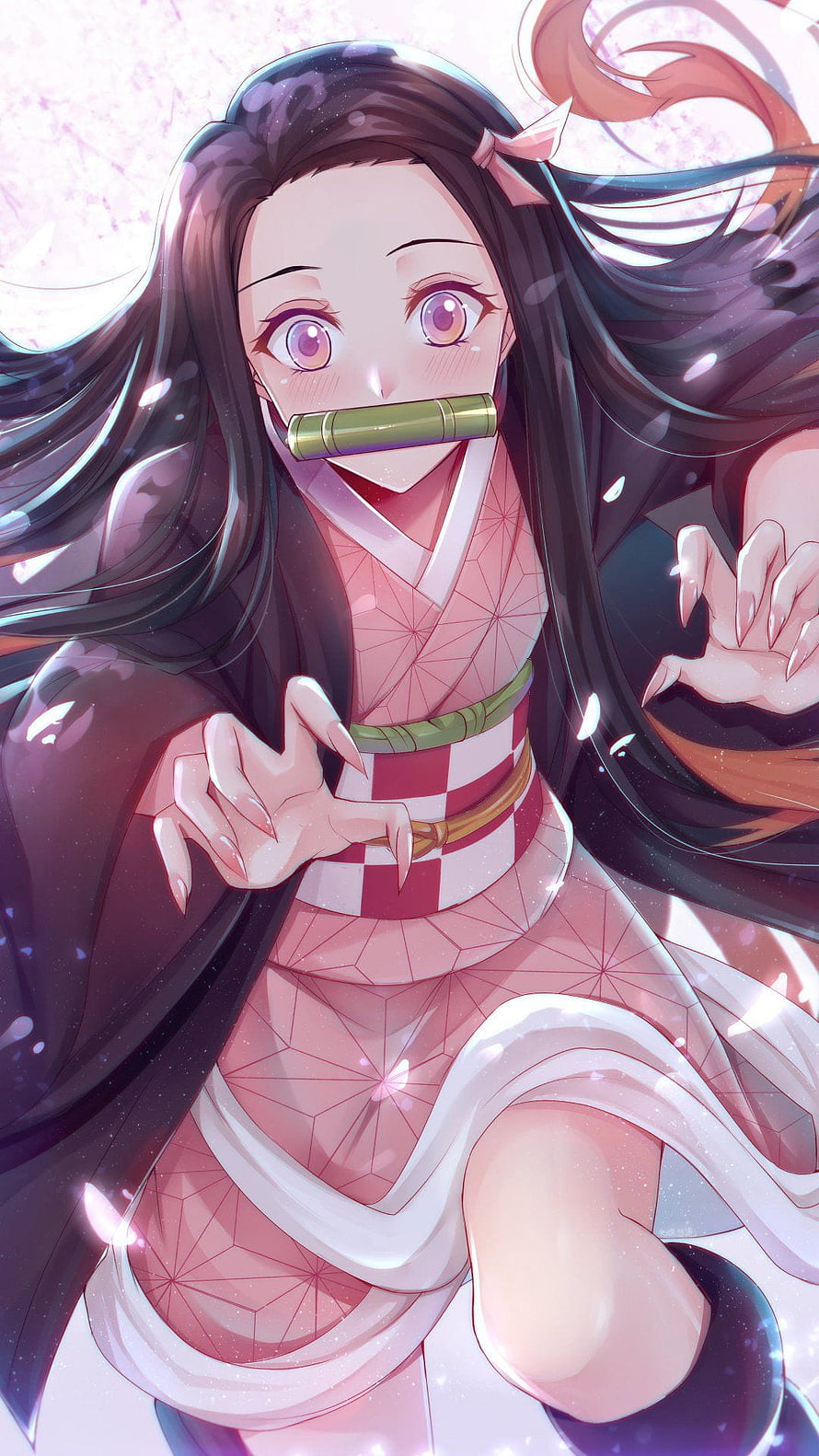 Nezuko Kamado in Pink Geometric Kimono with Bamboo Cuff and Flowing Dark Hair HD phone wallpaper