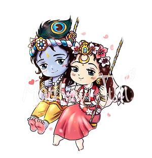 Cute Chibi Radha Krishna Illustration with Peacock Feather and Floral Garland HD phone wallpaper