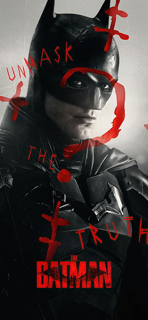 Robert Pattinson as Batman in The Batman 2022 Movie Poster with Red Graffiti Text HD phone wallpaper