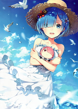 Rem from Re:Zero in a white summer dress and straw hat holding a Ram doll against a bright blue sky with seagulls HD phone wallpaper
