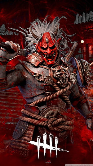 Demon Samurai Oni Warrior in Red Mask and Armor with Katana HD phone wallpaper