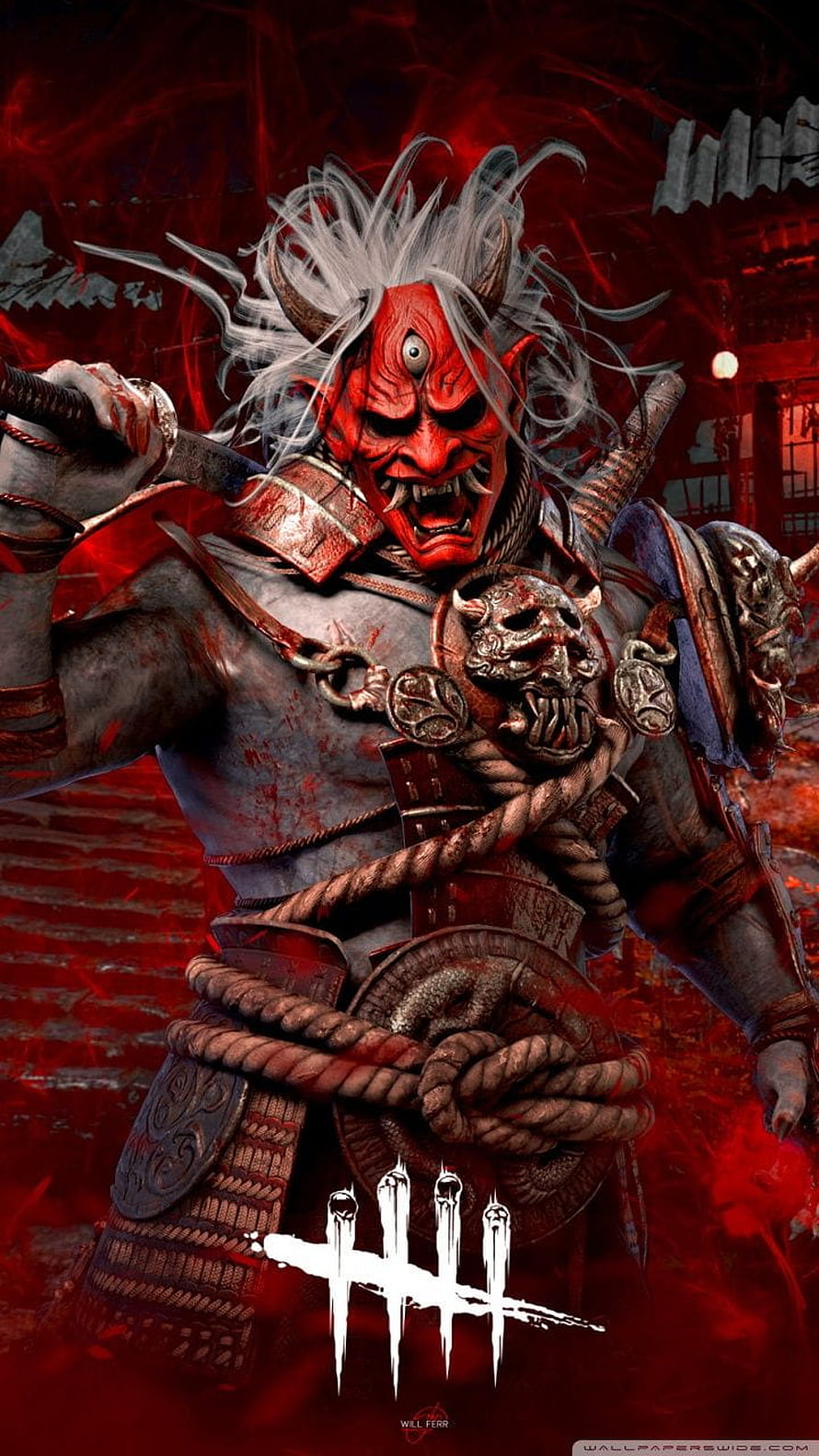 Demon Samurai Oni Warrior in Red Mask and Armor with Katana HD phone wallpaper