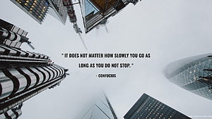 Confucius Quote on Persistence Set Against a Dramatic Low-Angle View of Modern Skyscrapers HD wallpaper