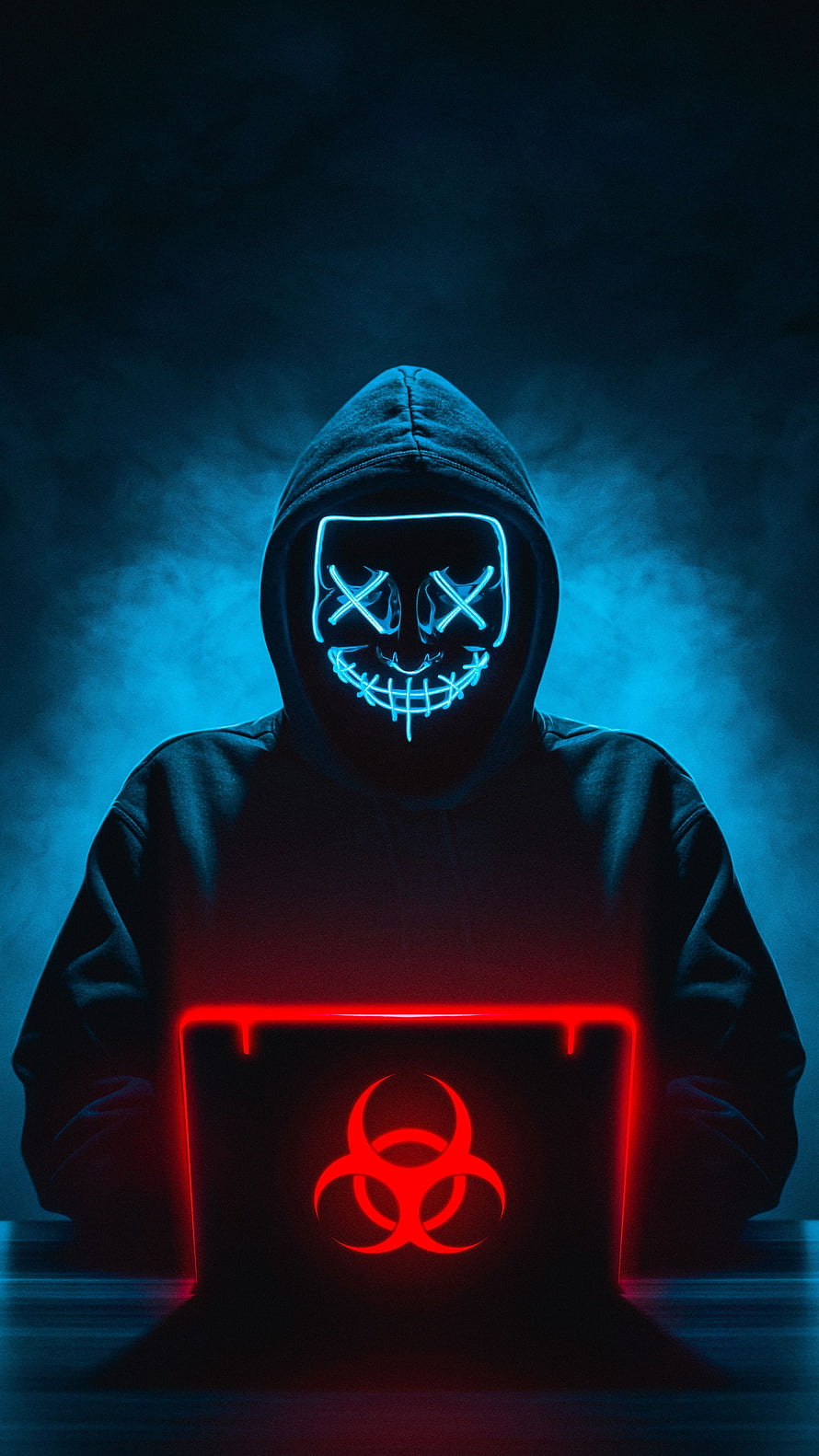 Hacker in Hoodie with Neon LED Mask and Biohazard Laptop HD phone wallpaper