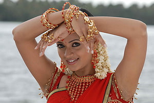 Bhavana in Traditional Red Saree with Gold Jewelry and Jasmine Garland HD wallpaper