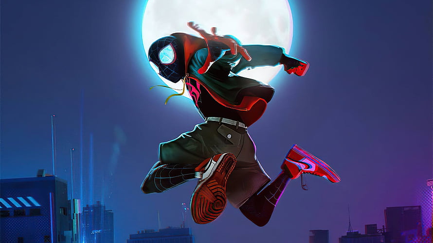 Miles Morales Spider-Man Leaping Through a Neon-Lit Night City Under a Full Moon HD wallpaper