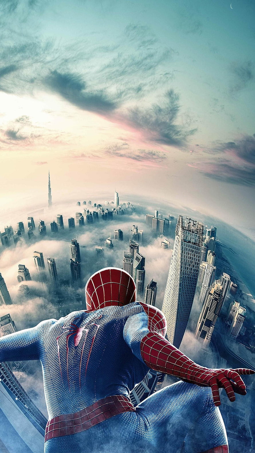 Spider-Man Crouched Above Cloud-Covered Cityscape at Dawn, Spider Man , 13 pro max marvel HD phone wallpaper