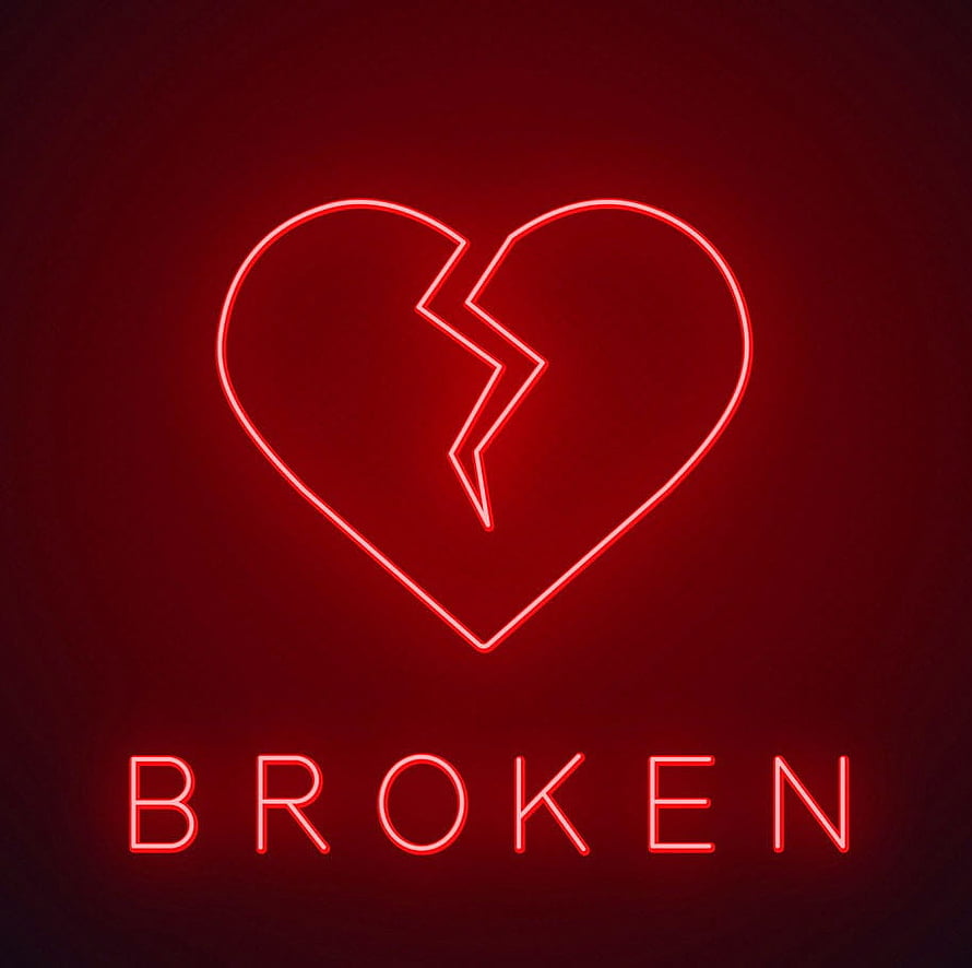 Red Neon Broken Heart Sign with Glowing Text on Dark Background HD wallpaper