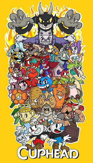 Cuphead Video Game Character Lineup Poster with Devil and Villains on Yellow Background HD phone wallpaper