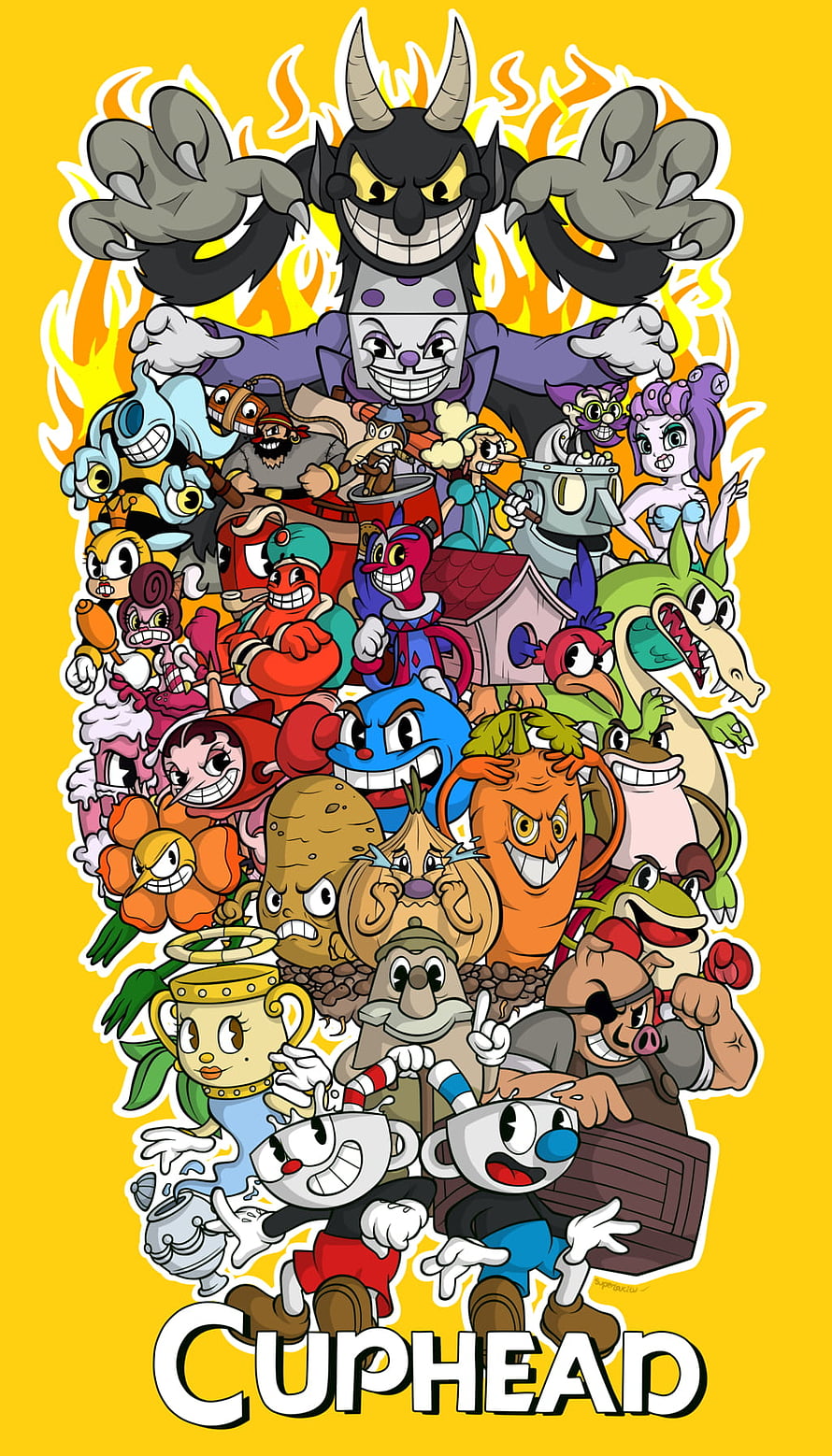 Cuphead Video Game Character Lineup Poster with Devil and Villains on Yellow Background HD phone wallpaper